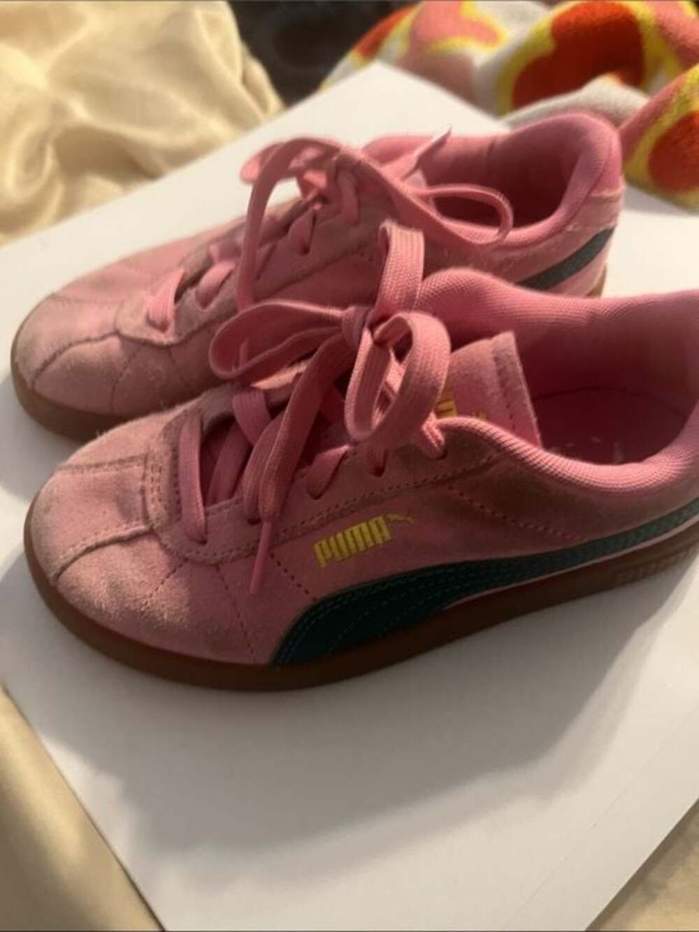 Puma Kids Pink Suede Sneakers with green stripe